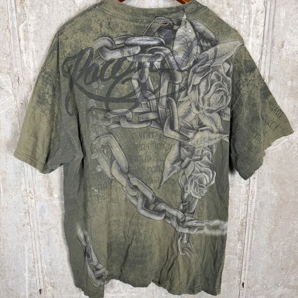 Raw State Mens XL Olive Green Skull Crown Chains Roses Graphic TShirt Distressed